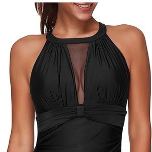 Tempt Me Women One Piece Swimsuit High Neck Plunge Mesh Ruched Monokini Swimwear